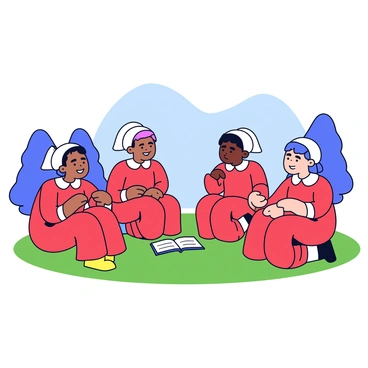 A group of four handmaids sitting in a circle on a grassy patch. Each handmaid is wearing a long red dress and a white bonnet. They are engaged in conversation, with some of them smiling and others listening intently. In the center of the circle, there is a small, open book resting on the ground. The background features a few trees and a clear blue sky.