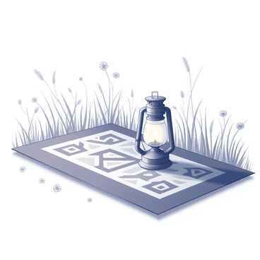 An oil lamp sits on a patterned picnic blanket, which is spread out on the ground. The blanket features an array of geometric designs. The lamp has a rounded base and a glass chimney, with a small flame flickering from the wick. Surrounding the blanket are tall blades of grass swaying gently in the breeze. A few scattered wildflowers add detail to the scene. The sky above is clear, and the sunlight casts soft shadows on the blanket and the ground.