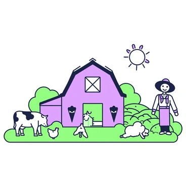 A farm scene featuring a large barn at the center, constructed with wooden beams and a pointed roof. In front of the barn, there are several animals including a cow standing to the left, a chicken pecking at the ground, and a sheep grazing on the grass. Surrounding the barn, fields of crops stretch out, with rows neatly planted. To the right, a scarecrow stands in one of the fields, with a wide-brimmed hat and tattered clothes. Above the scene, a bright sun shines in the sky, casting light over the entire farm.