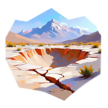 A mountain basin surrounded by towering peaks, featuring a landscape characterized by dry, cracked earth that reveals intricate patterns. The basin, usually filled with water, is now exposed, with patches of parched soil and sparse vegetation scattered throughout. Sunlight casts shadows on the jagged cracks, highlighting the texture of the ground. The distant mountains stand majestically against a clear blue sky, their rocky faces contrasting with the barren terrain below.