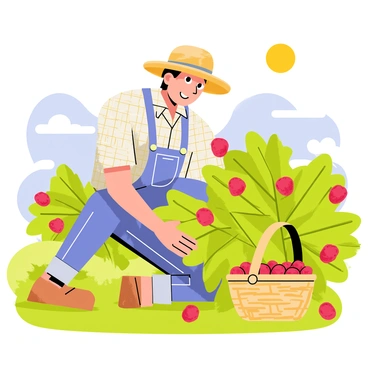 A farmer wearing a straw hat and a plaid shirt is harvesting ripe raspberries in a vibrant field. The farmer is crouched down, carefully picking the plump red berries from a bush. A woven basket is held in one hand, partially filled with the freshly picked raspberries. The sun shines brightly, casting light on the rich green leaves surrounding the farmer, while a clear blue sky stretches overhead.