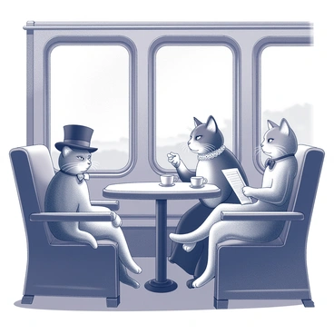 Several cats dressed in Victorian-era attire are seated in an opulent train compartment. The compartment features plush velvet seats and ornate wooden paneling. One cat is wearing a top hat and monocle, while another is adorned with a lace collar. The cats are engaged in conversation, with one holding a small cup of tea and another reading a newspaper. The windows showcase a blurred landscape, hinting at the movement of the train.