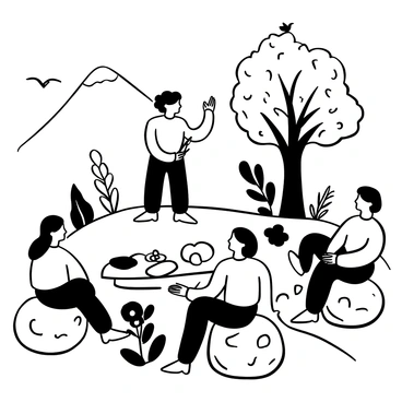 A preacher stands on a large rock surrounded by an open field, gesturing toward a nearby tree with strong branches. A collection of various natural elements is arranged on a wooden table in front of him, including smooth stones, vibrant flowers, and a flowing stream nearby. In the background, a mountain range rises under a clear sky, and birds can be seen flying overhead. The preacher holds a branch in one hand while pointing to a large flower with the other, emphasizing the lessons from nature. The audience is seated in a semi-circle around him, listening attentively.