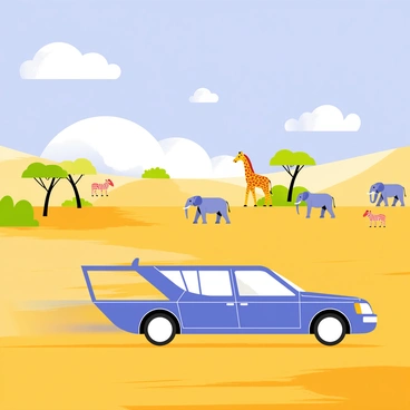 An express car on a safari journey, driving past wild animals in the savannah