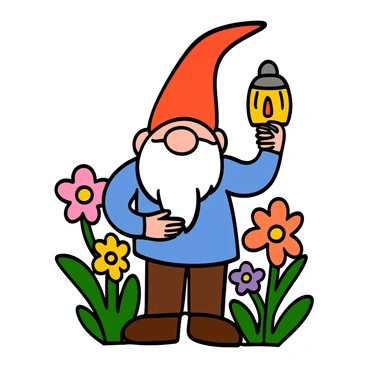 A cheerful garden gnome with a red pointy hat and a white beard is standing in a vibrant garden. He is holding a glowing lantern in one hand, and his other hand rests on his hip. The gnome is wearing a blue shirt and brown pants. He is surrounded by colorful flowers in shades of pink, yellow, and purple, with some green leaves interspersed. The scene is bright and lively, showcasing the beauty of nature.