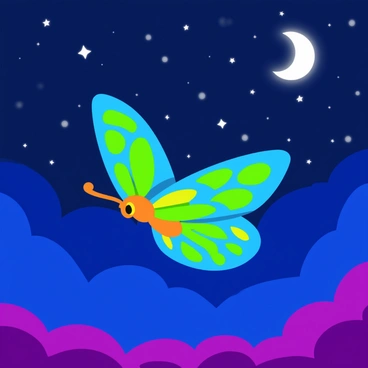 A luminous butterfly with intricate patterns glowing in vibrant colors is flying gracefully. The butterfly's wings are wide open, showing a mix of bright blues, greens, and yellows. Below it, a starry night sky is filled with numerous twinkling stars in various sizes, creating a magical atmosphere. The background has deep shades of blue and purple, enhancing the brightness of the butterfly. The moon hangs low, casting a soft light that reflects off the butterfly's wings.