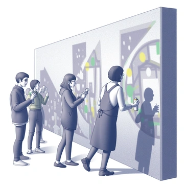 A woman is engaged in the process of creating street art on a large city wall. She is wearing a black apron, holding a spray paint can in her right hand, while her left hand is poised to apply vibrant colors to the wall. The wall features an intricate mural with various geometric shapes and dynamic patterns. Surrounding her are several passersby, some observing closely with expressions of curiosity, while others are taking photos. The scene captures a lively urban atmosphere with buildings and city elements in the background.