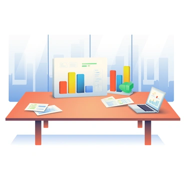 A boardroom table with 3D charts and financial documents spread out