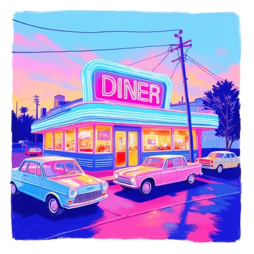 A brightly lit neon sign that reads "DINER" hangs prominently in front of a retro diner. The sign emits vibrant blue and pink hues, illuminating the entrance as dusk falls. The diner features a classic design with shiny chrome accents and large windows. A few vintage cars are parked nearby, capturing the nostalgic essence of the scene. The sky transitions from light orange to deep purple, creating a beautiful backdrop for the glowing sign. The reflection of the neon light can be seen on the diner’s shiny surface.