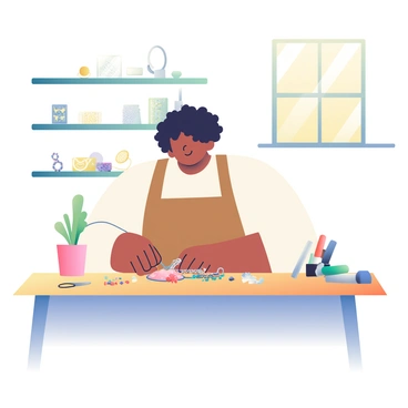 An artisan with light brown skin and curly black hair is seated at a wooden workbench in a cozy workshop. The artisan is wearing a brown apron over a white shirt and is focused intently on crafting a unique jewelry piece. On the workbench, various tools, such as pliers and files, are scattered alongside colorful beads and metal wires. Soft, warm light filters through a window, illuminating shelves lined with completed jewelry pieces made from silver, gold, and gemstones. A small potted plant sits on the edge of the workbench, adding a touch of greenery to the scene.