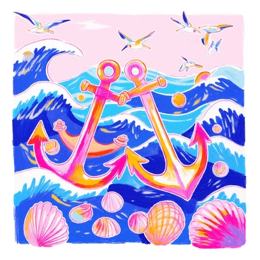 A collection of nautical elements is displayed, featuring several "anchors" with intricate designs and textures. The scene includes "waves" illustrated in dynamic curves, showcasing varying shades of blue and white. Additionally, there are "seashells" scattered around, each with unique patterns. The background is filled with "seagulls" flying above, adding a lively touch to the seaside theme.