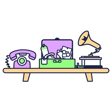 A collection of vintage items is displayed on a wooden table. On the left, there is an old-fashioned rotary telephone, with a worn-out dial and a faded cord. Next to it, a classic wristwatch with a leather strap lies open, showcasing its intricate gears and a nostalgic price tag attached with a string. In the center, there is a small vintage suitcase, slightly ajar, revealing a stack of aged postcards and a pair of round glasses resting inside. To the right, an antique gramophone stands tall, with a brass horn and an ornate base, accompanied by a stack of old vinyl records sitting beside it. Each item features a price tag that adds a touch of history to the display.