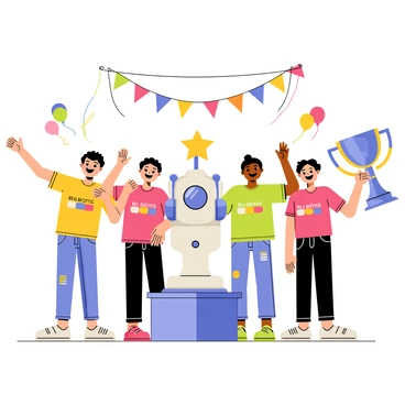 A group of five students, three boys and two girls, are gathered around a shiny, silver robot with blue LED lights. The robot stands proudly on a table, its arms raised in a victorious pose. Each student is wearing colorful team t-shirts and holding a large trophy with a golden star on top. The students are cheering loudly, with wide smiles on their faces. One girl is jumping up with her hands in the air, while another boy is giving a thumbs-up. In the background, a banner hangs that reads "Robotics Competition Champion!" decorated with colorful balloons and streamers.