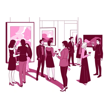 An elegant venue is filled with guests dressed in sophisticated attire, mingling and admiring the new exhibits. The guests hold wine glasses with deep red wine, which contrasts with the soft white lighting of the room. Various contemporary art pieces hang on the walls, showcasing a range of colors and textures, drawing the attention of the viewers. Some guests are engaged in conversation while others stand captivated by an oversized canvas featuring bold strokes. The atmosphere is lively, with a few guests taking pictures of the exhibits on their phones.