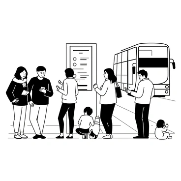 A group of people standing in a line at a busy bus stop. They are dressed in various clothing styles, representing different ages and backgrounds. A man in a dark jacket is checking his watch, while a woman in a bright scarf is holding a small bag. Another person is reading a book while leaning against the bus stop sign. Nearby, a child is playing with a toy. In the background, a double-decker bus is approaching, with its headlights illuminated. The bus stop has a schedule posted, and the ground is paved with tiles.