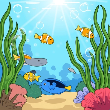 A vibrant underwater scene filled with a variety of colorful fish swimming and hiding among tall, flowing seaweed. There are several species of fish, including a bright yellow clownfish, a blue tang with a distinctive body shape, and small, shimmering silver fish darting around. The seaweed is lush and sways gently with the movement of the water, casting playful shadows. Bubbles rise from the ocean floor, creating a sense of movement and life in the scene. Sunlight filters through the surface of the water, illuminating the fish and seaweed in a magical way.