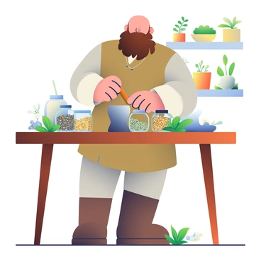 A large man with a thick, scruffy beard is standing at a wooden table covered with various jars and fresh plants. He is wearing a rustic, earthy-toned tunic with rolled-up sleeves and sturdy leather boots. The table is cluttered with glass jars filled with colorful dried herbs, and there are vibrant green leaves and flowers scattered around. Beorn is carefully measuring out herbs with a wooden scoop, while a small mortar and pestle sit nearby, ready for grinding. In the background, a few potted plants are placed on shelves, adding to the herbal ambiance of the scene. The room is softly lit, enhancing the rich colors of the herbs and the warm tones of the wooden furniture.