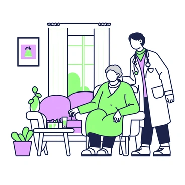 A doctor is standing in a cozy living room, preparing to care for an elderly patient. The doctor is wearing a white coat and has a stethoscope around their neck. In front of the doctor, there is a chair where the elderly patient is sitting. The patient has gray hair and is wrapped in a warm blanket. A small table beside the patient holds a glass of water and a few medical supplies, including a thermometer and some medication. The room is well-lit, with family photos on the walls and a small plant in the corner. A window reveals a glimpse of a sunny day outside.