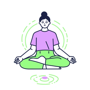 A person is sitting cross-legged in a meditation pose. They are positioned in the center of the image, with their hands resting on their knees. The individual is wearing comfortable, loose-fitting clothing, and their eyes are closed, suggesting deep concentration. Beneath them, the ground is slightly visible, indicating they are levitating slightly above it. Surrounding the person, there are faint concentric circles emanating from their body, indicating a sense of energy and tranquility. The overall composition captures the stillness and focus of the meditative state.