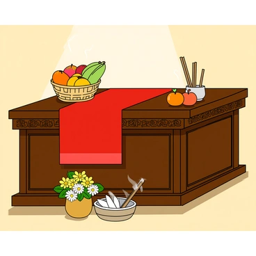A beautifully arranged ancestor altar with offerings of fruits, flowers, and incense for Tet.