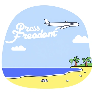 An airplane is flying in the sky, leaving a trail of white smoke that spells out the phrase "Press Freedom" in elegant cursive letters. Below the airplane, there is a clear blue sky dotted with fluffy white clouds. The scene features a peaceful beach with soft golden sand and gentle waves lapping at the shore. A few small seashells are scattered across the sand, adding detail to the beach setting. In the distance, there are a couple of palm trees gently swaying in the light breeze, completing the tranquil atmosphere.