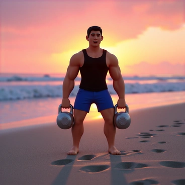 An individual with a strong physique is performing a kettlebell deadlift on a sandy beach during sunrise. The person has short, dark hair and is wearing a black tank top and blue athletic shorts. The kettlebell is metallic and positioned close to the sand as they lift it with both hands. The horizon features a vibrant gradient of orange, pink, and purple hues as the sun rises above the calm ocean waves in the background. Soft footprints are visible in the sand leading up to the lifter's position.