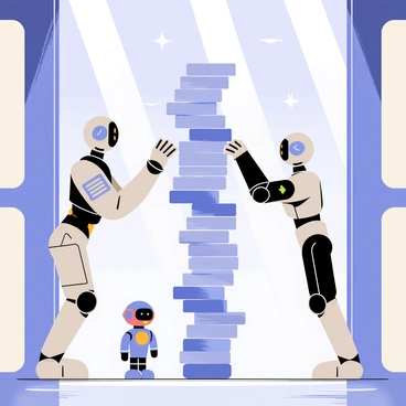 Two robots are positioned around a tall Jenga tower made of translucent blocks. One robot has a sleek, silver exterior with blue LED lights and is carefully reaching for the block in the middle of the tower. The second robot is smaller, with a round body and colorful accents, looking up at the tower with a curious expression. The background features a futuristic room with glowing screens and metallic surfaces, enhancing the high-tech atmosphere. Bright beams of light illuminate the scene, creating a vibrant contrast against the robots.