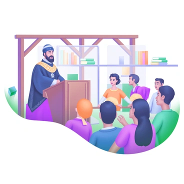 A scene depicting a scholar dressed in elaborate historical clothing, standing behind a wooden lectern. The scholar has a long, flowing robe with intricate patterns and a cap that reflects a particular historical era. In front of the scholar, an eager audience is seated, with diverse expressions of curiosity and engagement. The audience includes individuals of different ages and backgrounds, all focused intently on the scholar. The environment features wooden beams and shelves filled with books, creating an atmosphere of learning and discussion.
