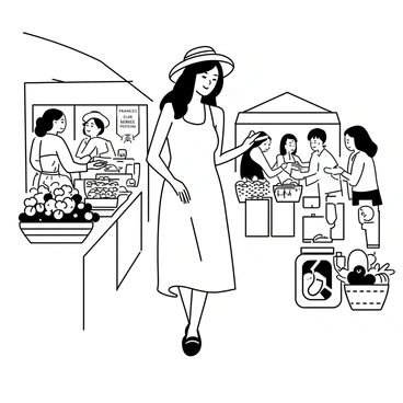 Frances exploring a local farmers' market, captivated by fresh fruits for making jam.