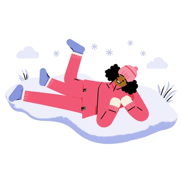 A black girl wearing a bright red winter coat and white mittens is lying in a fresh blanket of snow. She is creating snow angels with her arms outstretched and legs moving in a joyful manner. Her smiling face is turned up towards the cloudy sky, with her thick, curly hair peeking out from under a pink knitted beanie. Fluffy snowflakes are gently falling around her, and patches of snow-covered grass are visible in the background.