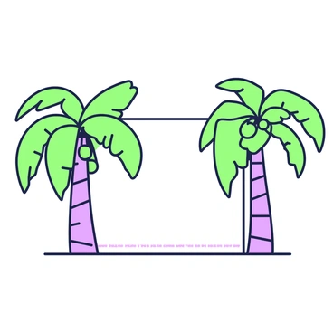 A series of palm trees are arranged along the edges of an illustration board, their long trunks curving gracefully. Each tree has a full crown of green fronds arching overhead. Hanging from some of the fronds are several green coconuts, nestled among the leaves. The palm trees are spaced evenly, creating a uniform border that frames the board's interior. The background is left clear, emphasizing the palm trees and coconuts in the foreground.