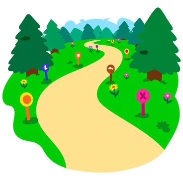 A winding hiking trail surrounded by lush green trees and vibrant wildflowers. On one side of the trail, there are four colorful markers, each with a unique design. On the opposite side, three similarly styled markers are positioned, creating a clear visual representation of "4/3". The trail itself is gravel and slightly worn, and the sun casts playful shadows on the path, enhancing the lively atmosphere.
