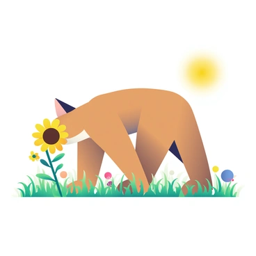 A puma with a sleek golden-brown coat is curiously sniffing a large sunflower with vibrant yellow petals in the foreground. The sunflower stands tall, its dark brown center contrasting beautifully with the bright petals. Surrounding the puma is a bright green field filled with lush grass and scattered wildflowers in various colors. The sun is shining brightly, illuminating the scene and casting soft shadows on the ground. The puma's ears are perked up, indicating its curiosity, as it gazes intently at the sunflower.