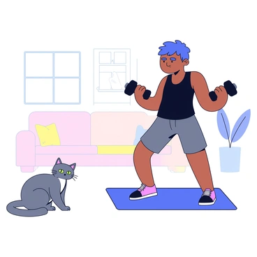 A gray tabby cat with bright green eyes sits on a soft rug, intently watching a person perform dumbbell squats in a living room. The person wears a black tank top and gray workout shorts, holding a dumbbell in each hand. The person's feet are shoulder-width apart, with knees bent as they lower their body into a squat. The room is filled with soft natural light, and a potted plant is visible in the background. A small exercise mat is placed on the floor next to the person.