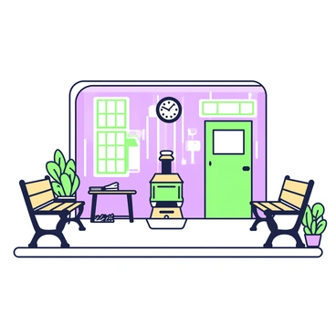 A cozy railway station waiting room features wooden benches arranged neatly along the walls. The benches have a rustic design with slatted backs and armrests. In the center of the room, there is a potbelly stove with a rounded top and a chimney, radiating warmth. The walls are adorned with vintage travel posters and an old-fashioned clock hangs above the entrance. A small table beside the benches holds a stack of newspapers, while a few potted plants are placed near the windows, adding a touch of greenery to the scene.