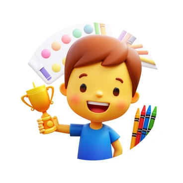A child with a bright smile is standing proudly, holding a small trophy. The trophy is gold with a star-shaped top, gleaming in the light. The child has short brown hair and is wearing a colorful t-shirt. Their excitement is evident in their expression as they showcase their achievement. The background features a simple display of art supplies like crayons and paints, hinting at the creative effort behind the trophy.