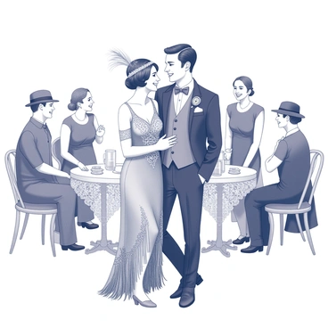 A couple in vintage attire stands together, dressed for a 1920s themed wedding. The bride wears a flapper-style gown adorned with intricate beadwork and fringe, complemented by a delicate headband holding a feather. The groom is in a classic tailored suit with a bow tie and a pocket watch, exuding elegance. They are surrounded by guests, all dressed in period-appropriate outfits, including cloche hats, peacock-feather accessories, and bowler hats. The setting features ornate decorations reminiscent of the 1920s, such as vintage tables with lace tablecloths and art deco elements. Everyone is engaged in conversation and laughter, creating a joyful atmosphere.