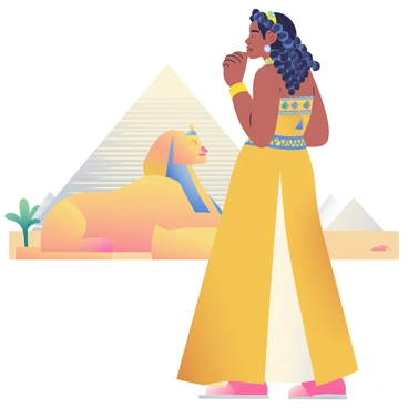 Cleopatra, a woman with olive skin and dark hair styled in intricate braids, is standing in profile while gazing thoughtfully at the Great Sphinx. She is wearing an elaborate golden gown adorned with jewels and a decorative collar. The Great Sphinx, with its massive limestone structure and serene expression, looms in the background, partially bathed in sunlight. Cleopatra's right hand rests gently on her chin as she contemplates, and a warm desert breeze ruffles her gown slightly. The sand-colored terrain surrounds her, dotted with sparse vegetation and distant pyramids.