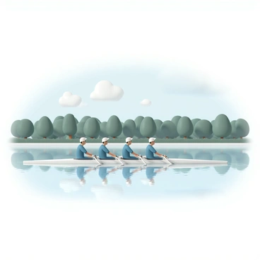 A rowing team of eight athletes, all wearing matching blue uniforms and white caps, row effortlessly in perfect unison across a calm, reflective lake. Each member holds a sleek, long oar, pulling it through the water in synchronized strokes. The team sits in a narrow, streamlined boat that cuts smoothly through the water, creating gentle ripples. In the background, lush green trees line the shore, their reflections visible in the still surface of the lake. The sky above is clear with a few fluffy white clouds, enhancing the peaceful atmosphere of the scene.