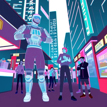 A crowded cyberpunk street filled with vibrant neon signs in various colors, illuminating the surroundings with a dynamic glow. The scene depicts a diverse group of characters, including a tall figure with metallic limbs adorned with glowing tattoos, a petite woman wearing a high-tech visor, and a man with brightly colored hair and a holographic jacket. People are engaged in conversations, some holding futuristic devices, while street vendors offer a variety of unusual foods from illuminated stalls. Tall buildings with glossy surfaces tower overhead, reflecting the colorful lights and adding depth to the busy atmosphere.