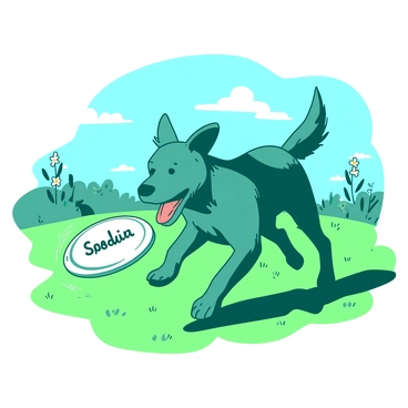 A dog joyfully retrieving a personalized frisbee in a grassy field.