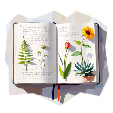 A journal page filled with handwritten notes in a decorative botanical font, showcasing various details about plant species. The notes are accompanied by detailed sketches of different plants, including a fern with delicate fronds, a sunflower with broad petals, and a succulent with thick leaves. The sketches are positioned around the text, creating an organized yet artistic layout, with some sketches shaded to highlight their textures. The page has a slightly aged appearance, suggesting it has been used over time for botanical study.