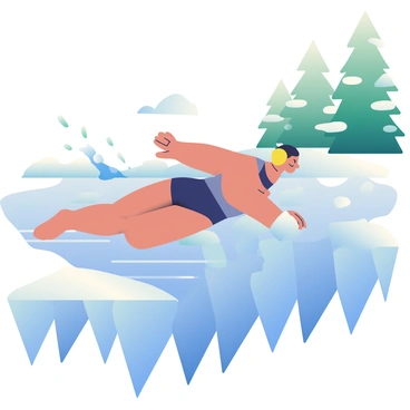 A brave swimmer with tanned skin and short black hair is diving into a clear, icy winter lake. The swimmer is wearing a sleek, dark blue swimsuit that contrasts with the white snow surrounding the lake. Ice formations with sharp edges are visible along the shore, and the water surface is partially frozen, creating a jagged ice border. Tiny splashes of water are flying in the air as the swimmer enters the lake. In the background, tall evergreen trees, dusted with snow, line the edge of the lake, and a pale blue sky is visible above.