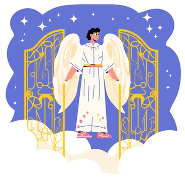 A celestial being with large, shimmering wings stands tall at the entrance of ornate golden gates. The being is adorned in flowing robes that glimmer with stars, reflecting a spectrum of colors. The gates are intricately designed with celestial patterns, featuring constellations and swirling galaxies. A soft glow emanates from the being, illuminating the area around the gates. Fluffy white clouds drift lazily in the background, contrasting against a deep blue sky filled with twinkling stars. The scene conveys a sense of guardianship and ethereal beauty.