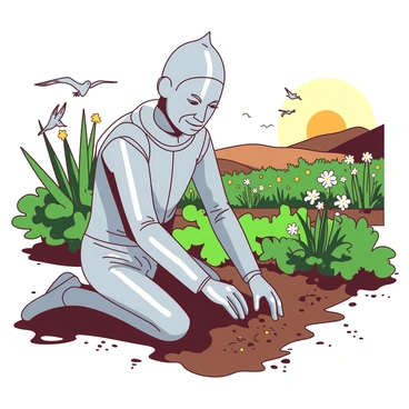 A silver Tin Man is kneeling in a community garden, carefully planting small seeds in the rich brown soil. The garden is bursting with green plants and vibrant flowers, creating a lively scene. In the background, the sun is rising, casting warm light that creates a soft glow over the garden. The Tin Man has a gentle expression on his face, and his metallic hands are delicately placing the seeds in the earth. Birds are beginning to stir, and a few flutter around the garden, enhancing the peaceful morning ambiance.
