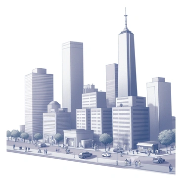 A modern city skyline featuring tall skyscrapers with sleek glass facades. The buildings vary in height and design, some with unique architectural features such as balconies and terraces. In the foreground, bustling streets filled with small vehicles and pedestrians create a lively environment. Street vendors are seen alongside the sidewalks, and there are trees lining the roads. The city is busy with people going about their daily activities, showcasing a vibrant urban atmosphere.