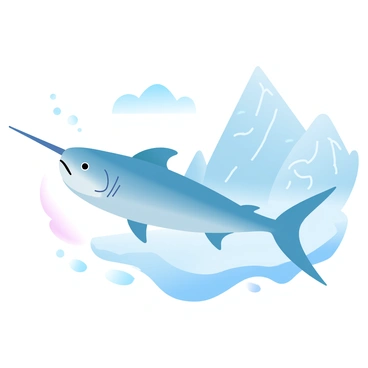 A swordfish is swimming gracefully in icy blue waters. The swordfish has a long, pointed bill and a streamlined body, showcasing its powerful fins as it navigates through the water. Nearby, a towering glacier rises dramatically, its icy surface sparkling under soft lighting. The water surrounding the swordfish is clear, revealing the textures of the glacier below the surface, while bubbles trail behind the fish as it moves through the cool environment.