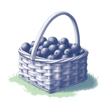 A wicker basket filled with plump, dark elderberries. The basket rests on a patch of green grass. The elderberries are clustered together, showcasing their round shapes and small stems. Above, a clear blue sky stretches endlessly, with no clouds in sight. The sunlight casts gentle shadows from the basket onto the grass, highlighting the texture of both the berries and the woven wicker.