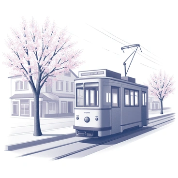 A vintage tram is traveling along its designated tracks. The tram has ornate details and a classic shape, with large windows showcasing the interior. Alongside the route, cherry blossom trees are in full bloom, their branches heavy with clusters of delicate flowers. Petals are scattered in the breeze, creating a picturesque scene. The background features a glimpse of a quaint street with traditional buildings, enhancing the charm of the setting.
