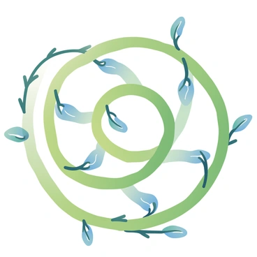 A collection of cherry stems is arranged meticulously in a spiral pattern. The stems are vibrant green and have small, glossy leaves still attached. Each stem varies slightly in length, creating an engaging visual dynamic as they twist around one another. The background is a soft, muted color to allow the cherry stems to stand out prominently. The spiral pattern is centered in the image, drawing the viewer's eye towards the intricate detail of the stems and their natural curves.